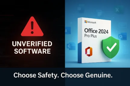 Split-screen image comparing unverified software with Microsoft Office 2024 Pro Plus. Left side shows a red warning icon labeled “Unverified Software”; right side displays the Office 2024 box with a green shield checkmark and floating app icons, promoting genuine software activation.